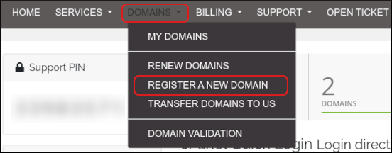 Customer Portal - Domains - Register a new domain menu