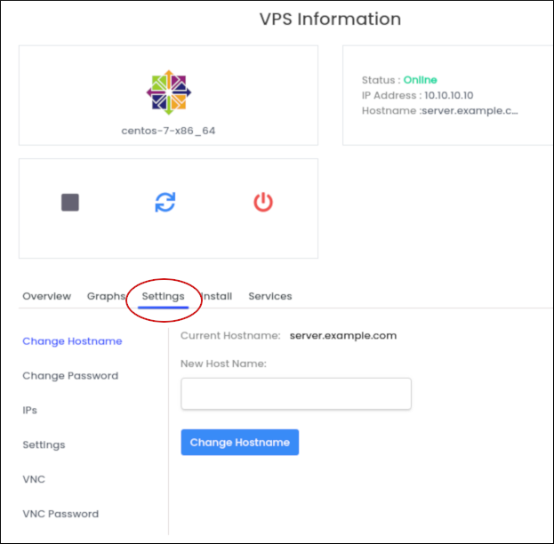 Customer Portal - VPS - Settings tab