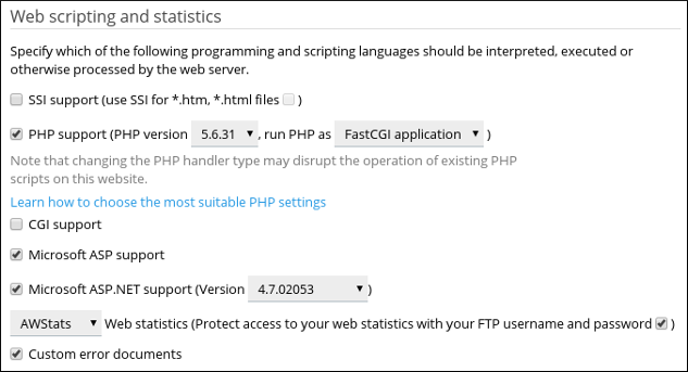 Plesk - Hosting Settings page - Web scripting and statistics section
