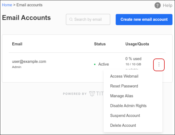 Customer Portal - Email Accounts - options