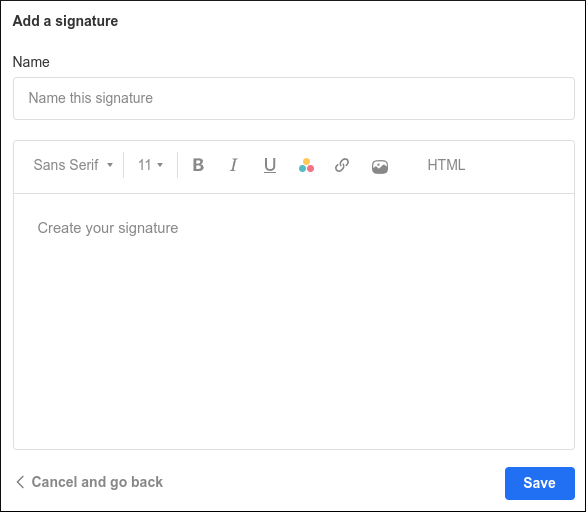 Webmail - Preferences - Signatures - Add a signature dialog box