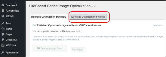 WordPress - Image Optimization Settings tab